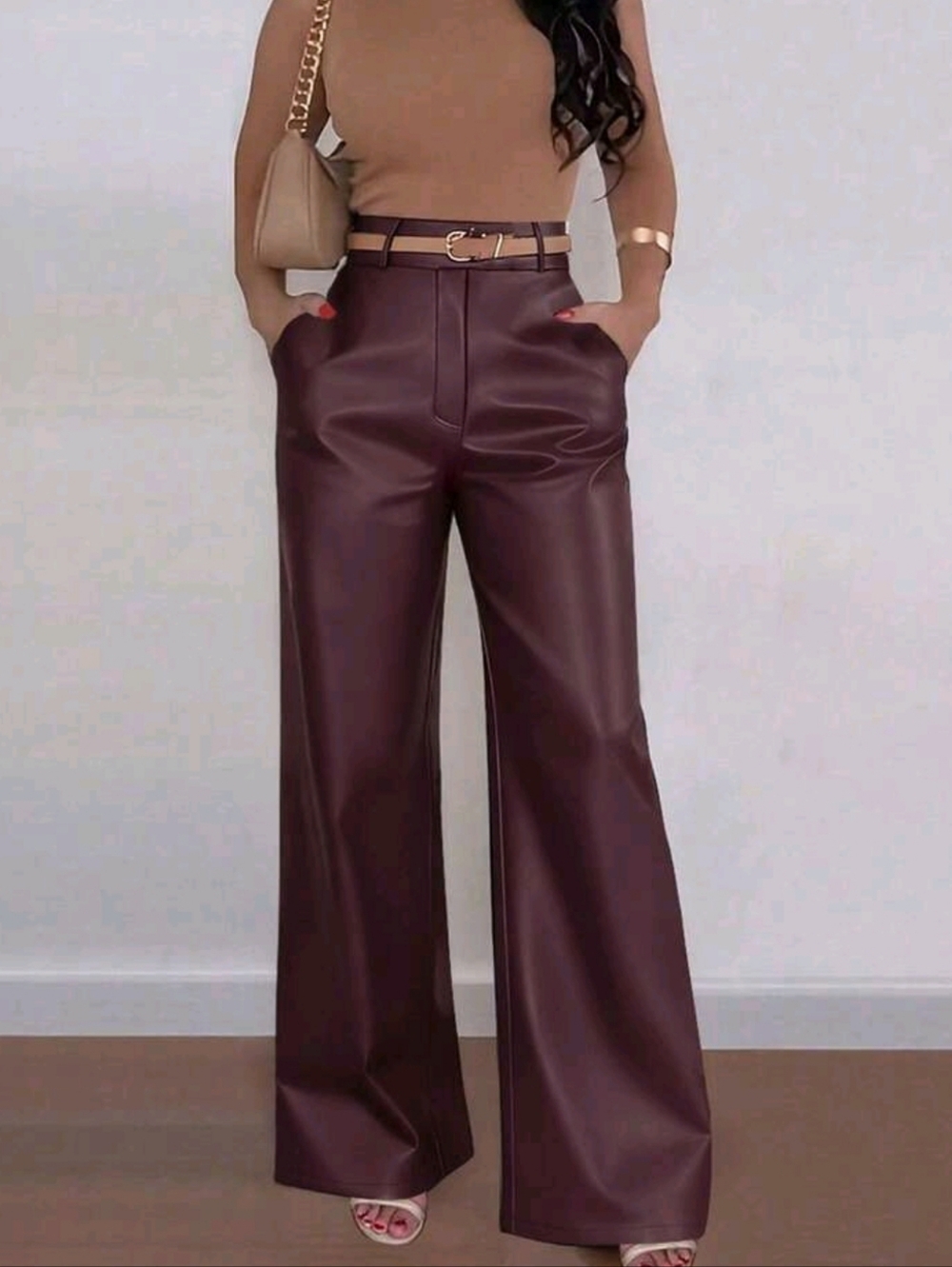 Wide-Leg Faux Leather Pants in Deep Burgundy
